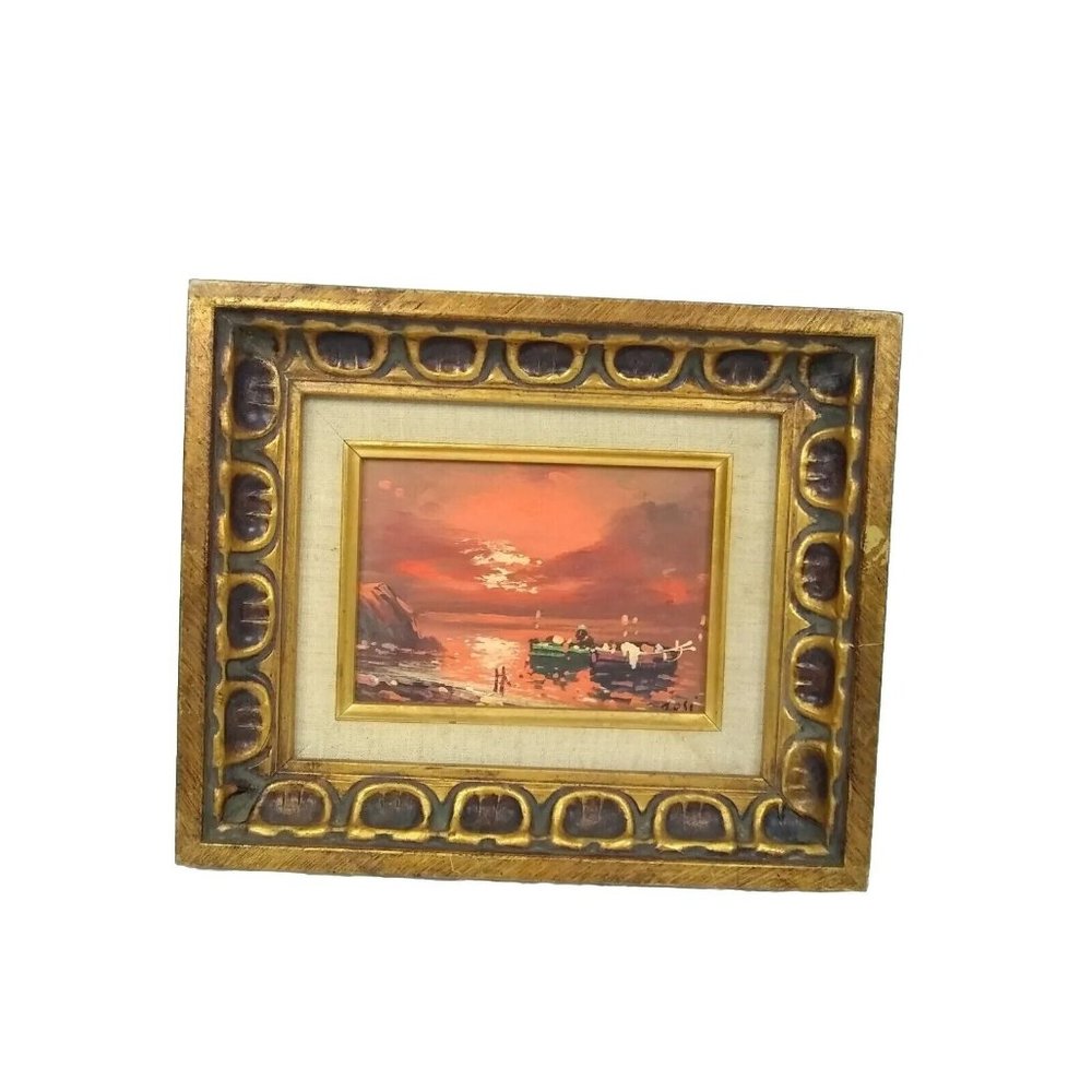 Vtg.'Moored' Fishing Scene Painting signed Tosi 12"x10" Framed